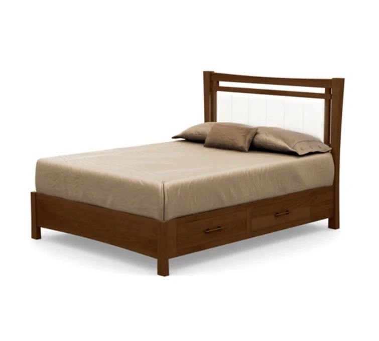 Full Saddle Cherry Wood Frame Bed with Coffee Leather Upholstered Headboard