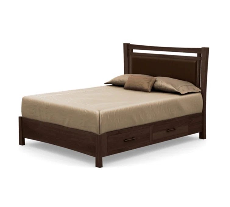 Full Smoke Cherry Wood Platform Bed with Coffee Leather Upholstered Headboard and Storage Drawers