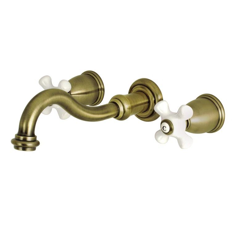 Vintage Brass and White Two-Handle Wall Mount Bathroom Faucet