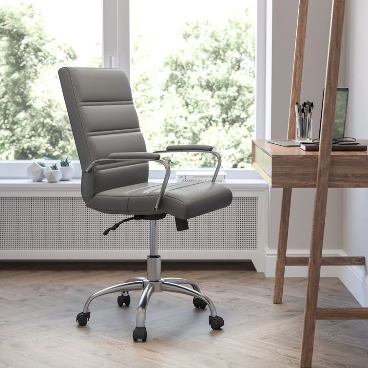 Gray Leather Executive Swivel Office Chair with Metal Frame