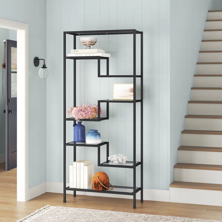 Sloane 83'' Matte Black Modern Glass Etagere