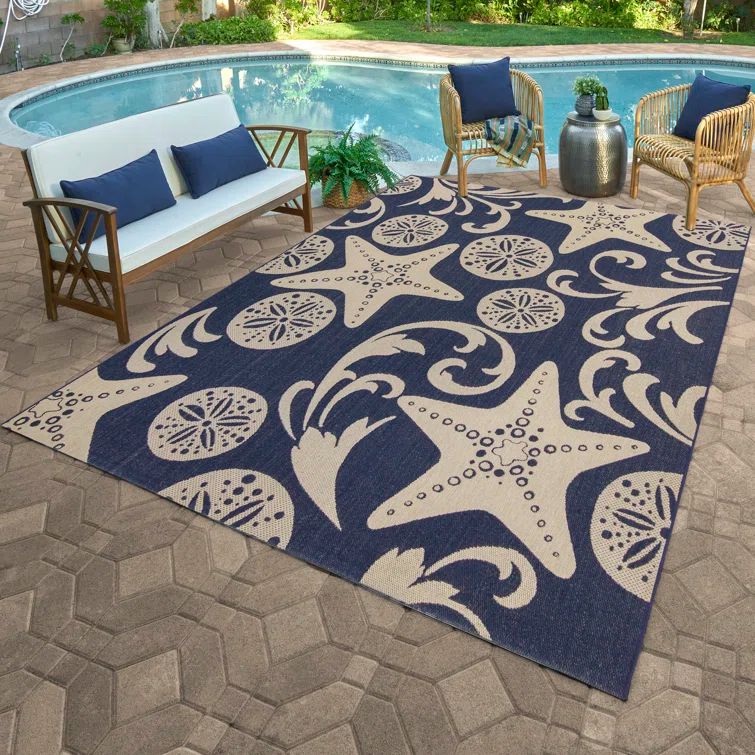 Navy Blue Synthetic Flat Woven Rectangular Rug 5' x 7'