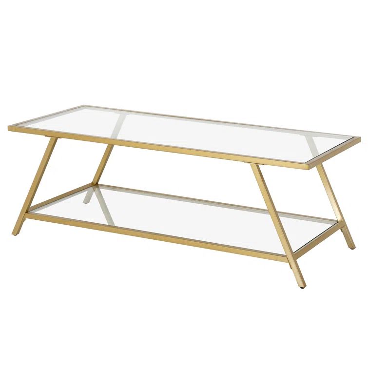 48" Brass and Glass Rectangular Coffee Table with Shelf