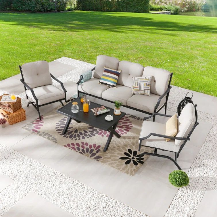 Beige Cushioned Black Metal 5-Person Outdoor Sofa Seating Group