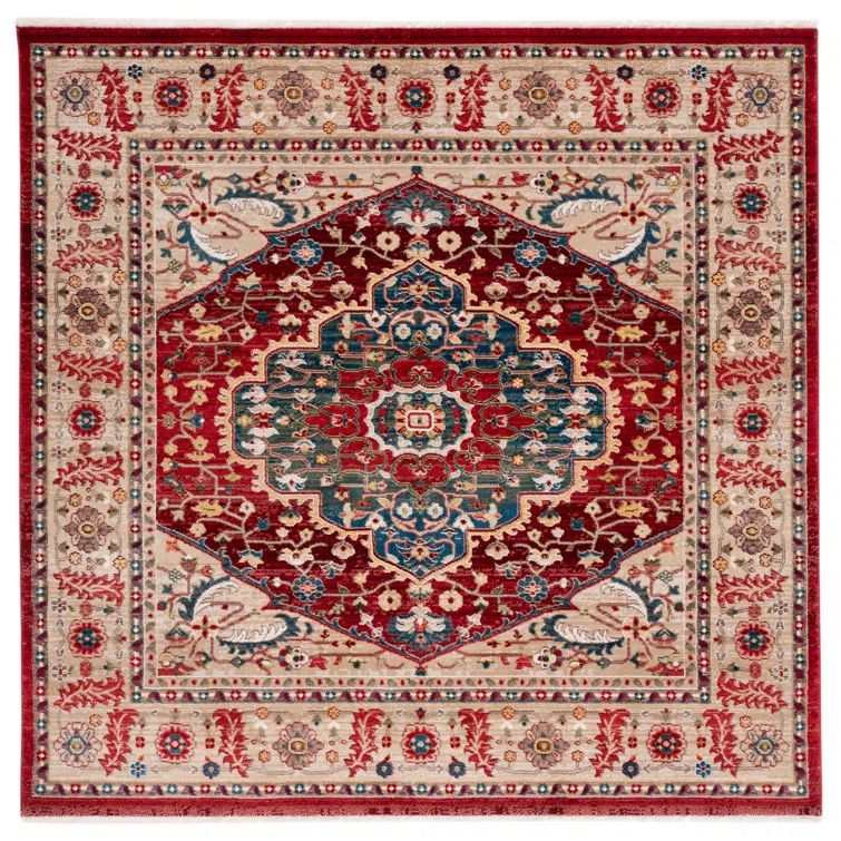Handmade Beige and Red Square Synthetic Oriental Rug