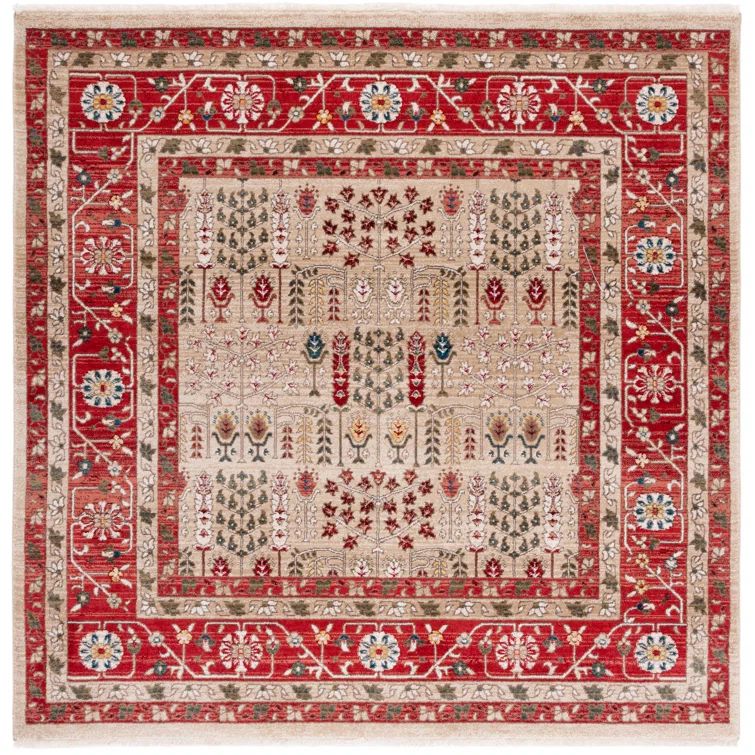 Elegant Margaux Square Area Rug in Red & Beige, Hand-Knotted Wool Blend, 79x79