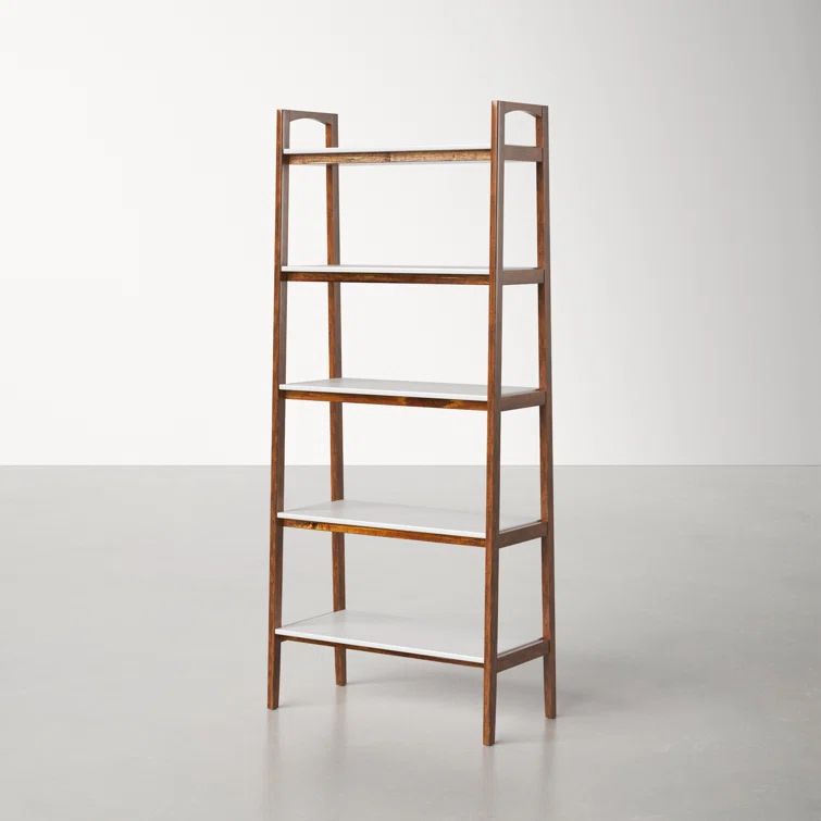Mid-Century Pecan and Off-White Solid Wood Ladder Bookcase