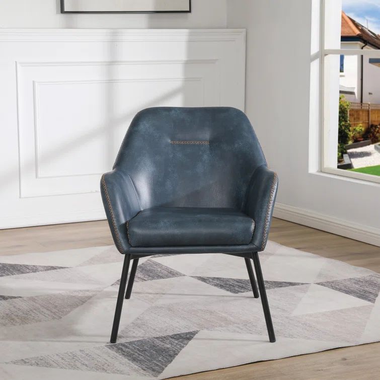 Navy Faux Leather Barrel Accent Chair with Gold Stitch and Black Metal Legs