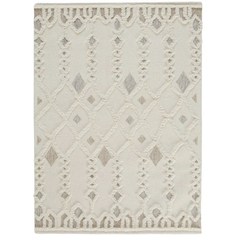 Ivory Geometric Tufted Wool 10' x 14' Area Rug