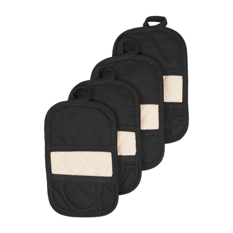 Black and Beige Cotton Terry Pot Holder Set, 8.27" x 7.5", 4-Pack