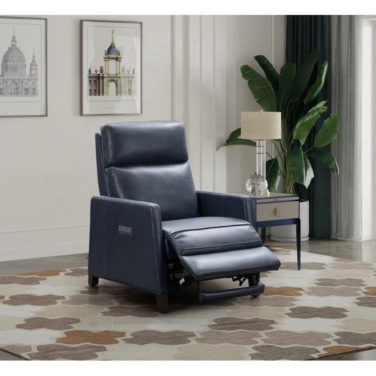 Barone Navy Blue Leather Recliner with Wood Legs