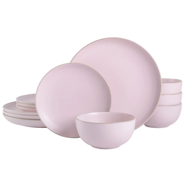 Pink and White Ceramic 12-Piece Dinnerware Set, Service for 4