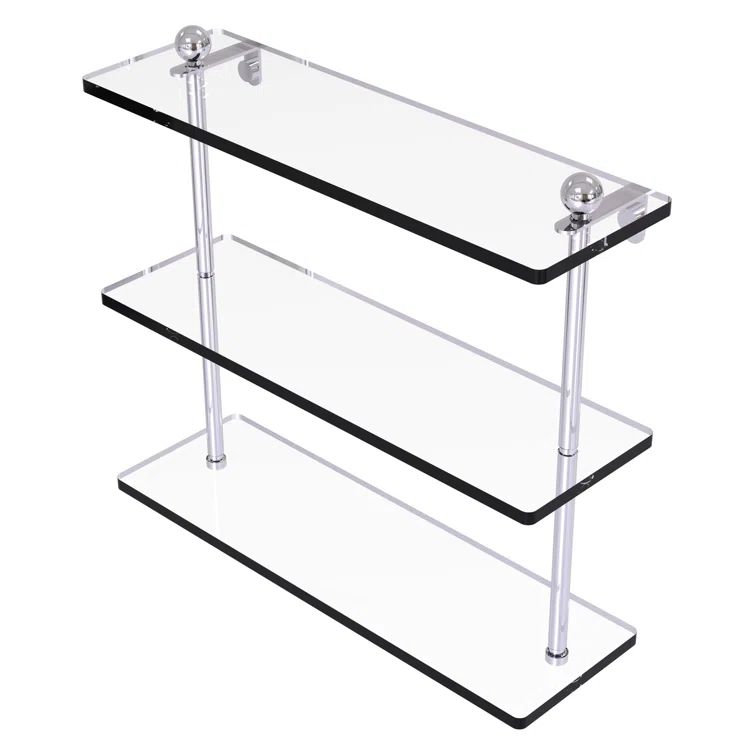 16" Polished Chrome Triple Tier Glass Wall Shelf