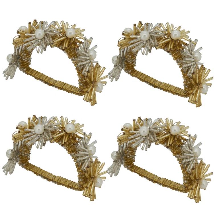 Gold Beaded Flower Design Napkin Rings Set of 4