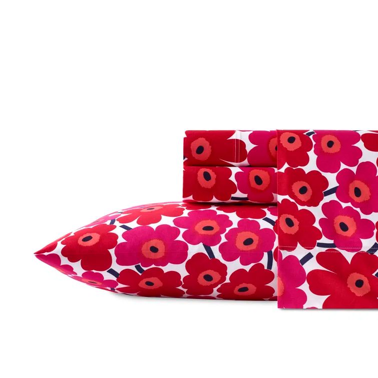Marimekko Red Floral Cotton Percale Full Sheet Set