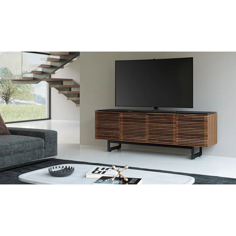 Natural Walnut and Black Glass 85" TV Stand with Cabinet