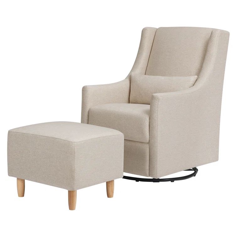 Beige Eco-Weave Upholstered Swivel Glider with Ottoman