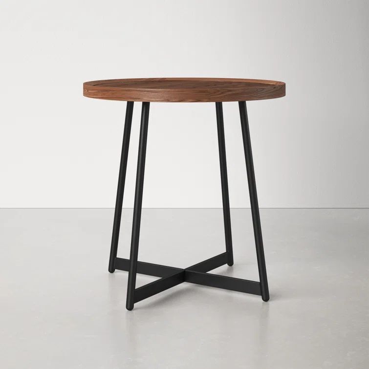 Walnut and Black Round Metal Cross Legs End Table