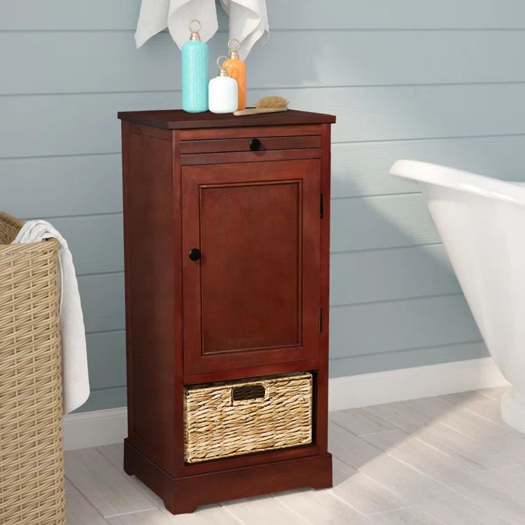Dark Cherry Tall Accent Cabinet with Woven Basket