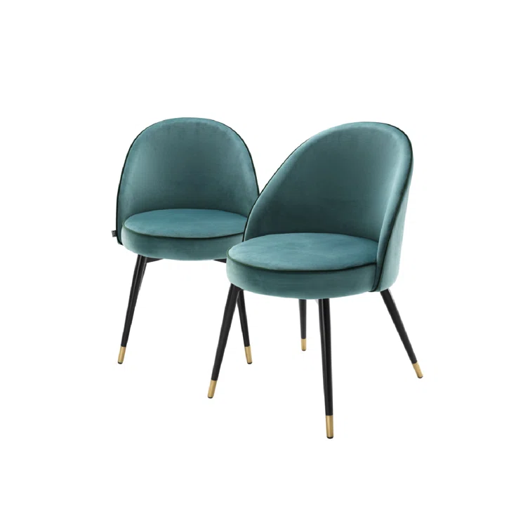 Turquoise Velvet Upholstered Dining Chair with Brass Accents