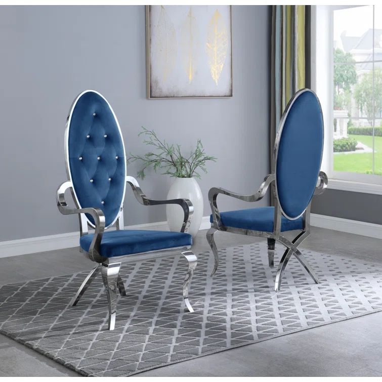 Navy Blue Velvet Upholstered King Louis Side Chair with Silver Metal Frame