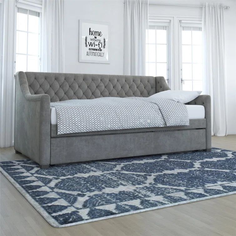 Light Gray Velvet Twin Daybed with Trundle and Tufted Upholstery