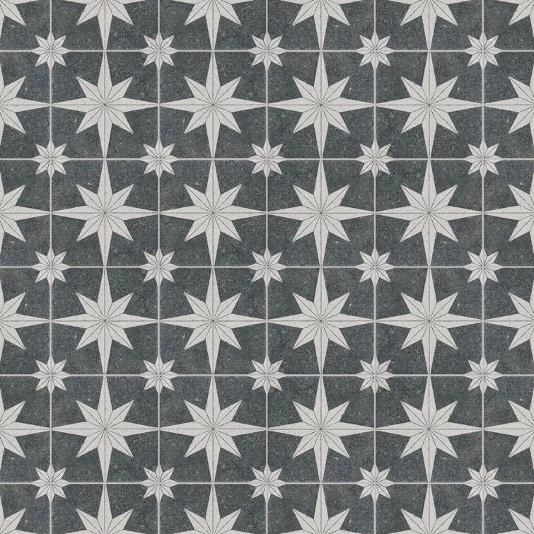 Compass Star 8" x 8" Black and Off-White Porcelain Tile