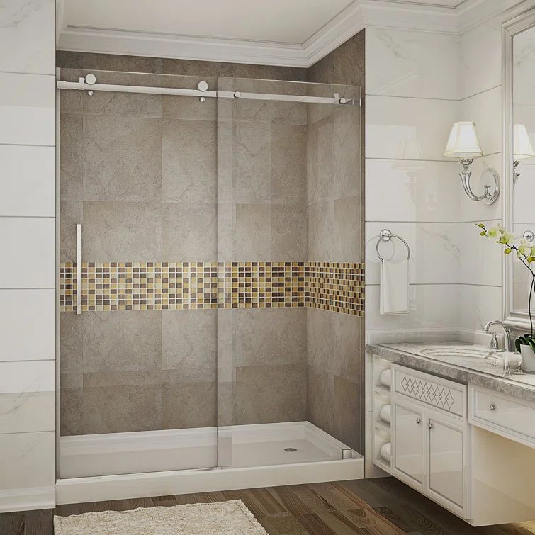 Moselle 60'' x 77.5'' Stainless Steel Frameless Sliding Shower Door with Frosted Glass