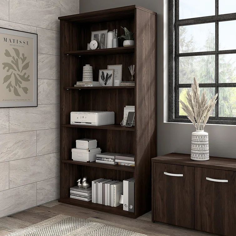 Adjustable Black Walnut Tall 5 Shelf Bookcase