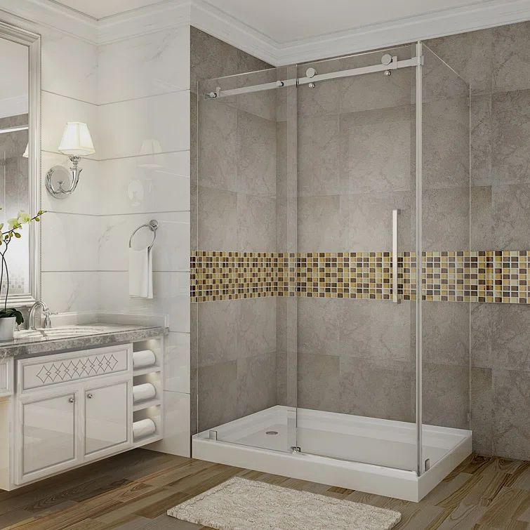 Aston 60" x 35" Frameless Chrome Sliding Shower Enclosure with Base