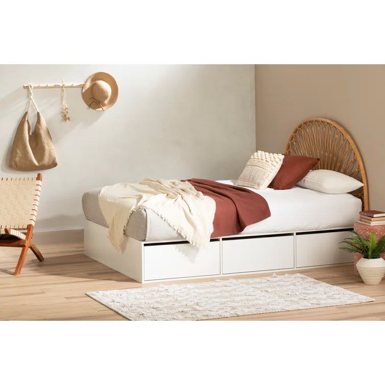 White Queen Wood Frame Platform Bed with 6 Storage Drawers