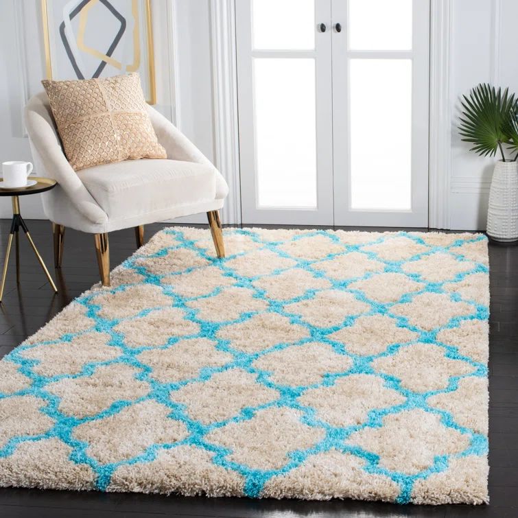 Barcelona Cream and Blue Hand-Tufted Shag Rug, 5' x 8'