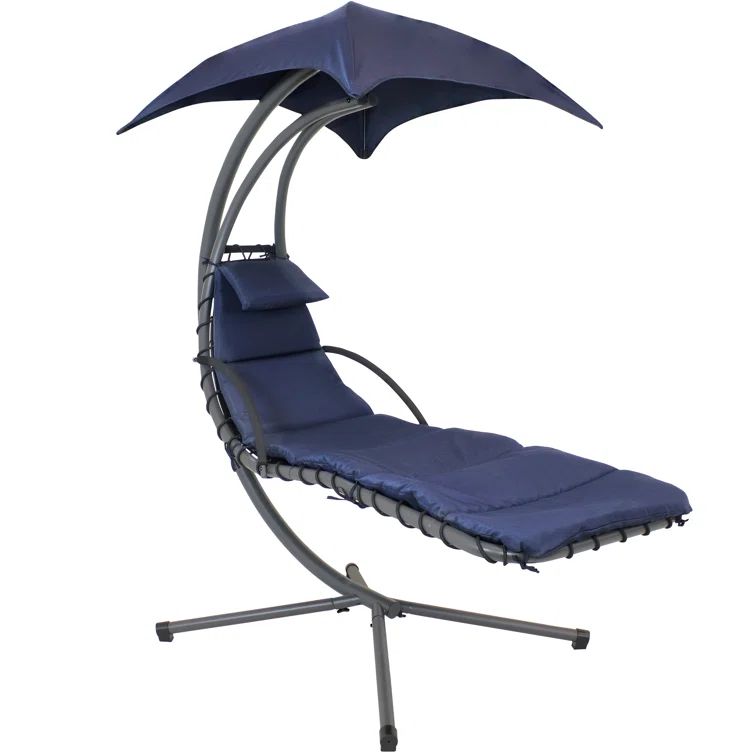 Navy Blue Hanging Chaise Lounge Chair with Cushions and Canopy