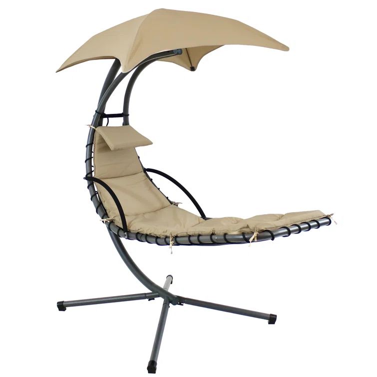 Beige Steel Outdoor Hanging Chaise Lounge Chair with Cushions