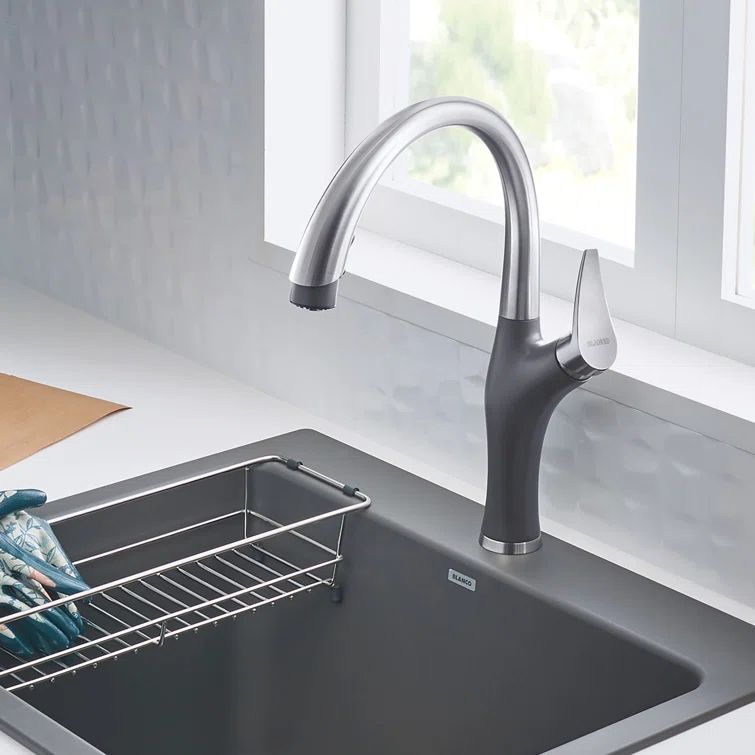 Stainless Steel and Gray Pull-Down Spray Kitchen Faucet