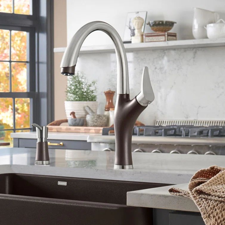 Cafe Brown and Stainless Steel Pull-Down Kitchen Faucet with Spray