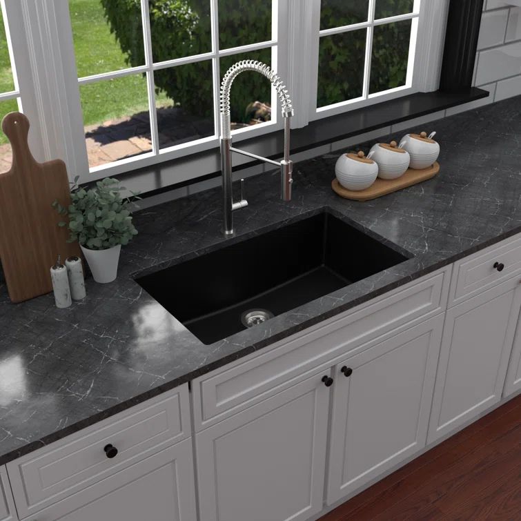 Black Quartz Composite Large Single Bowl Undermount Kitchen Sink