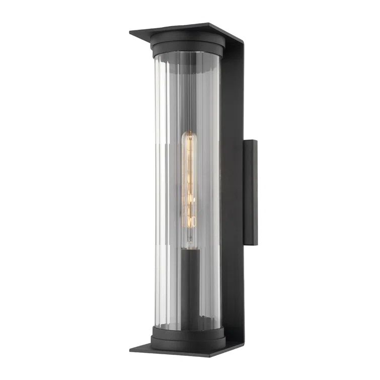 Textured Black Iron 22" Outdoor Wall Sconce with Clear Ribbed Glass