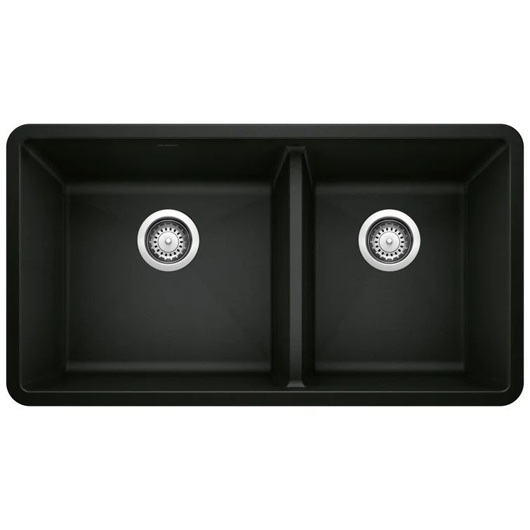 Coal Black 33" Granite Composite Double Bowl Undermount Kitchen Sink