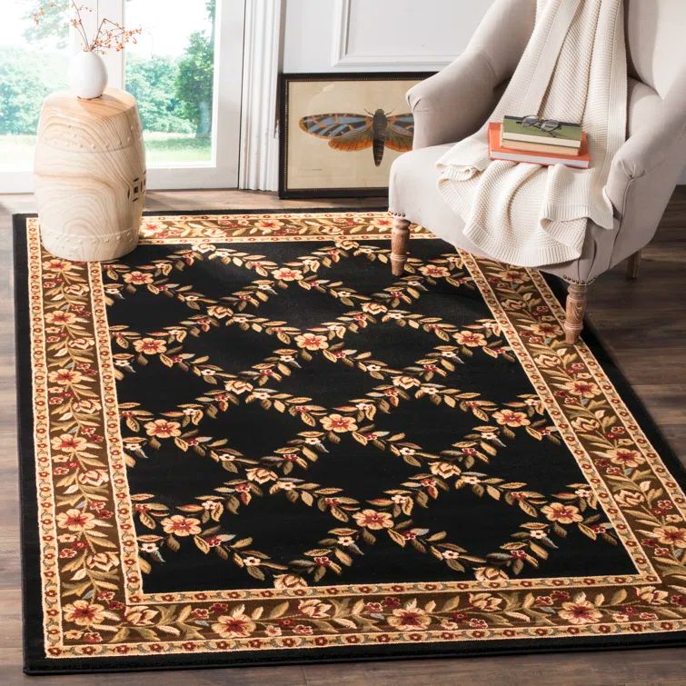 Lyndhurst Black and Brown Floral Border Area Rug