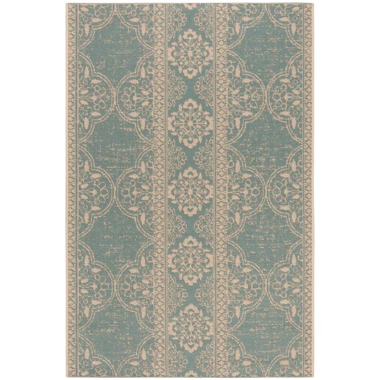 Aqua and Cream Washable Synthetic Rectangular Rug
