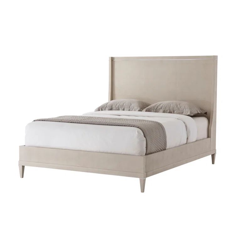 Beige Upholstered Queen Metal Frame Panel Bed with Headboard