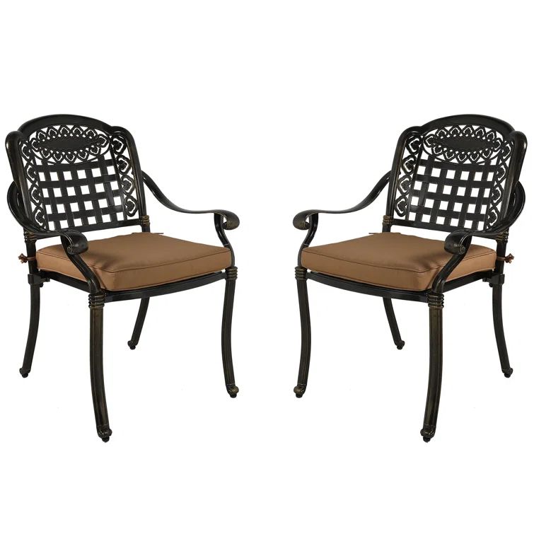 Bronze Metal Outdoor Dining Chairs with Beige Cushions