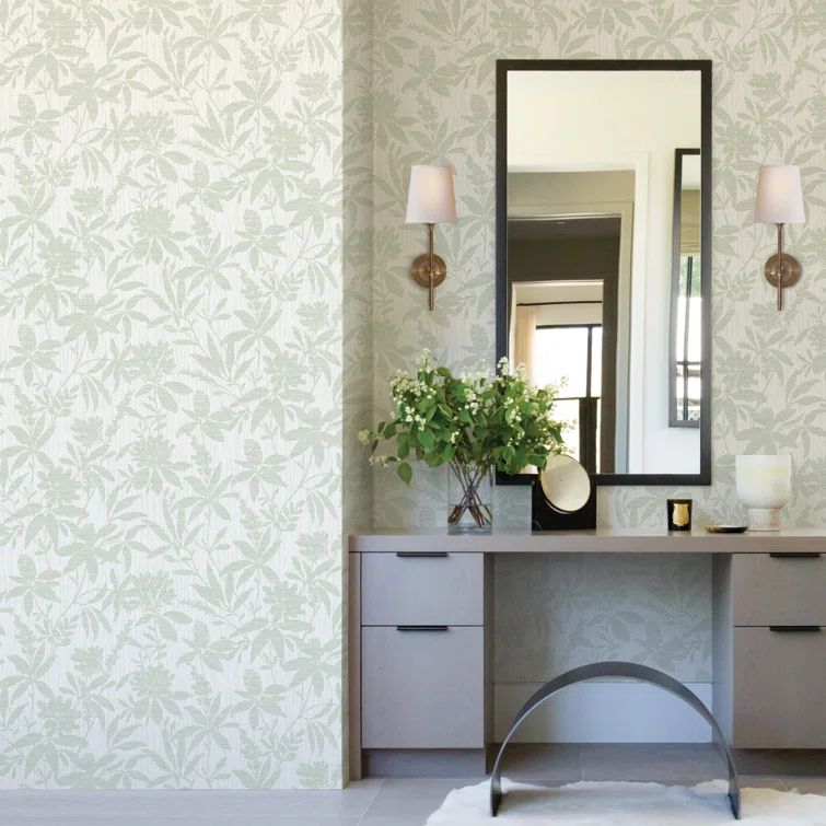 Riemann Green and Grey Vinyl Floral Wallpaper Roll