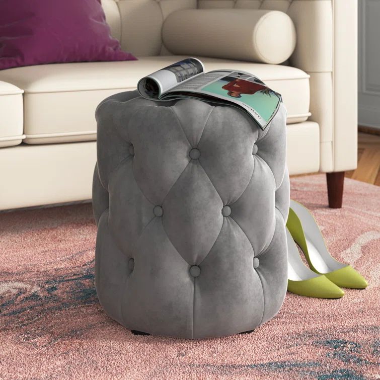 Amour 15.5'' Gray Performance Velvet Tufted Round Ottoman