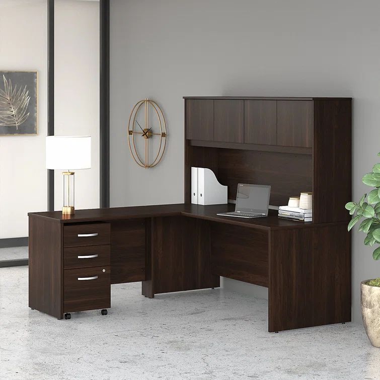 Black Walnut L-Shaped Desk with Hutch and Mobile File Cabinet