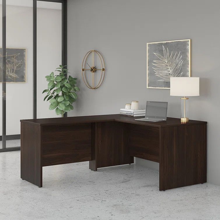 Dark Brown Wood L-Shaped Corner Desk with Drawer