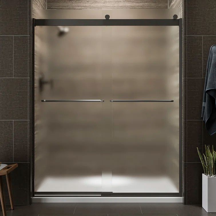 Levity 59.63" Frosted Glass Sliding Shower Door with Bronze Frame