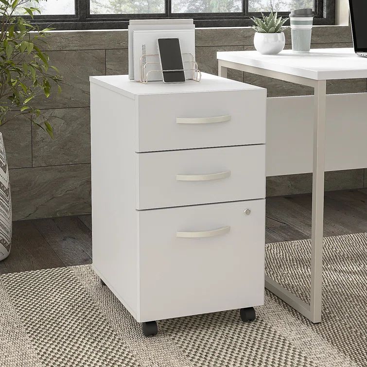 White 3-Drawer Mobile Lockable Filing Cabinet with Brushed Nickel Pulls