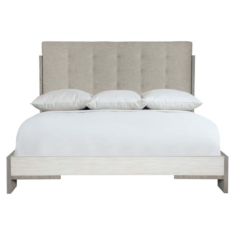 Transitional Gray Linen King Upholstered Bed with Tufted Headboard